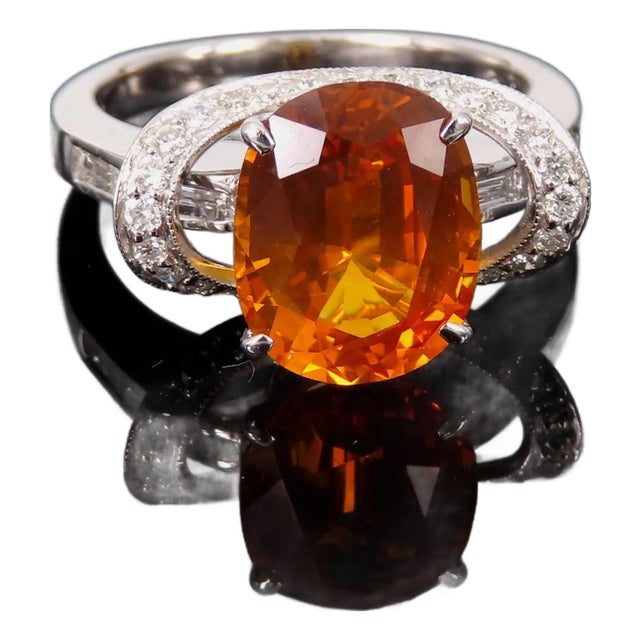 Late 20th Century 4.49ct Gia Vivid Orange Sapphire & 0.51ct Diamond Platinum Ring Size 6.5 8.1gr For Sale