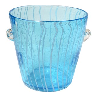 1970s Vintage Venini Style Blown Glass Light Blue White Wine Cooler Martini Ice Bucket Italy For Sale