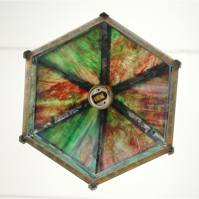 Mid 20th Century Mid 20th Century Arts & Crafts Green Slag Glass Hexagonal Pendant Light - For Sale - Image 5 of 7