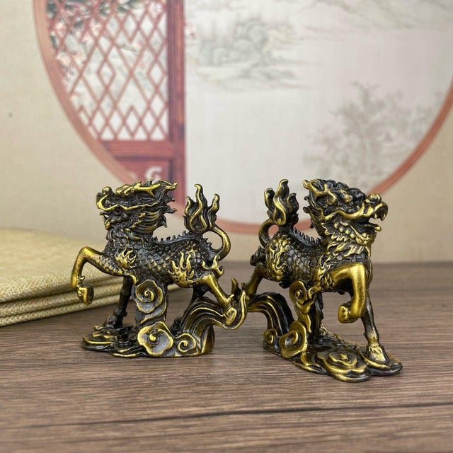 Bronze Pair of Gilt Bronze Qilin Statues – 2.2" Mythical Beast Figures on Cloud Bases For Sale - Image 8 of 8