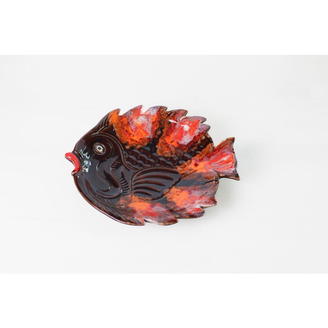 1960s Mid 20th Century Vallauris French Pottery Fish Platter in Orange and Brown Glaze For Sale - Image 5 of 16