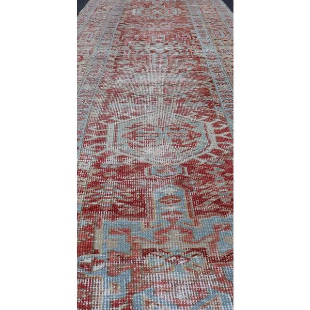 Antique Persian Heriz Runner With Geometric Design in Soft Red and Sky Blue 2'10 X 10'1 For Sale - Image 10 of 13