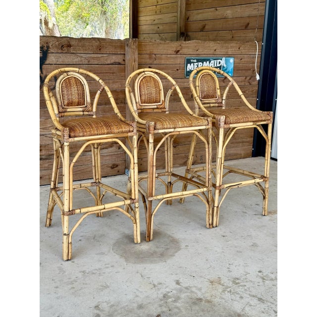 Late 20th Century Coastal Rattan With Rattan Weave Seats Barstools-Set of Three For Sale - Image 10 of 10