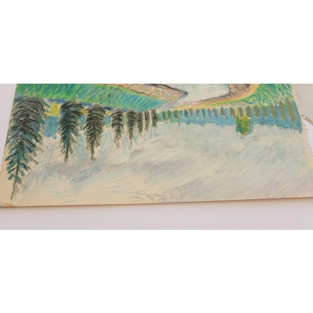 1950s Mid-Century Swedish Folk Art Original Oil Pastel Painting, Canal With a Rowboat and Greenery For Sale - Image 15 of 18