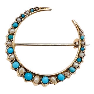 Antique 9ct Gold, Turquoise and Natural Seed Pearl Crescent Brooch, 1900s For Sale