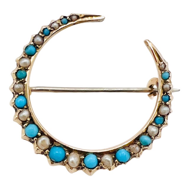Antique 9ct Gold, Turquoise and Natural Seed Pearl Crescent Brooch, 1900s For Sale