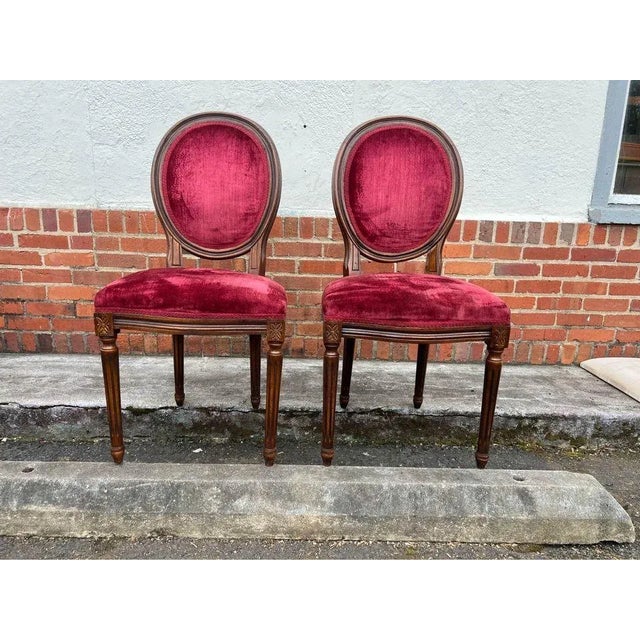 Pair Antique Louis XVI Style Medallion Mahogany Upholstered Side Chairs by W J Sloan Inc Original hand carved wood frame...