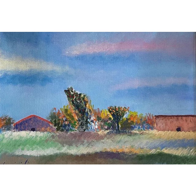 Oil painting on panel by Giovanni Omiccioli, a 20th-century modern work of art, titled Case e Capanno (Houses and Shed),...