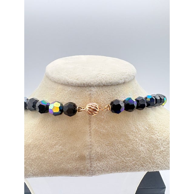Luxury Jet‑Black Ab Czech Glass Necklace W 14k Ball Clasp • Mid‑Century European For Sale - Image 4 of 13