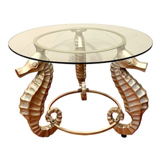 Seahorse Coastal Round Coffee Cocktail Table Sculptured Metal Glass Top For Sale
