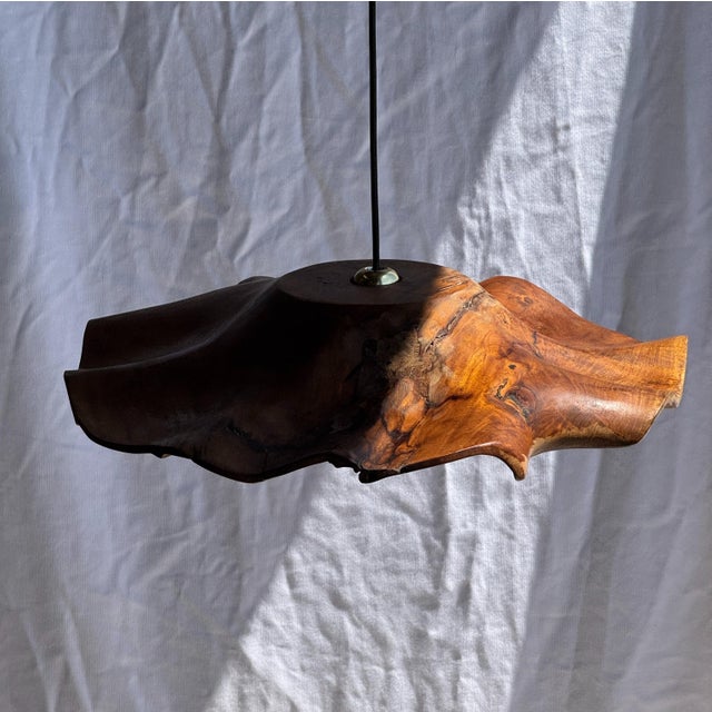 Large Flat Wavy Leaf-Shaped Teak Pendant Light with Floral Stripes, 1980s For Sale - Image 11 of 11