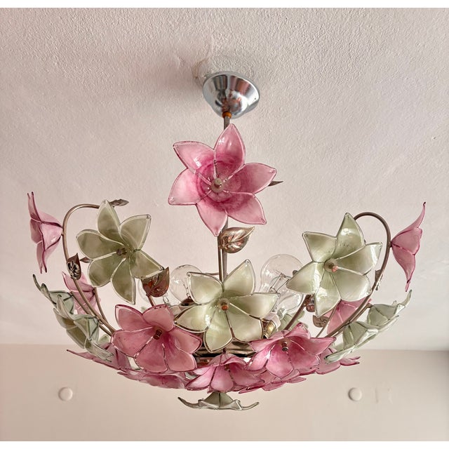 Pink Vintage Italian Murano Style Botanical Flower Ceiling Light, Vintage Handblown Pink Green Glass Bouquet Chandelier, 5-Light Flush Mount For Sale - Image 8 of 17