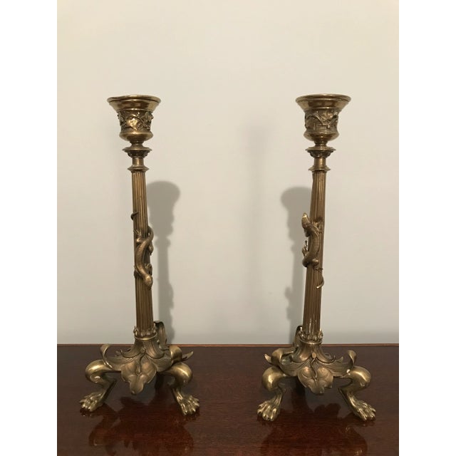 Art Nouveau Antique Lizard Motif Neoclassical Candlesticks - a Pair For Sale - Image 3 of 12