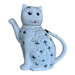 1970’s Blue & Green Accent Lucky Cat Motif Tea Pot For Sale