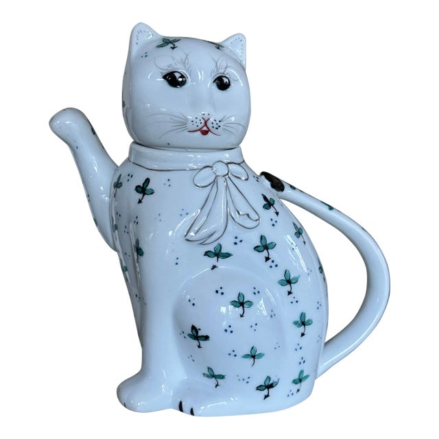 1970’s Blue & Green Accent Lucky Cat Motif Tea Pot For Sale