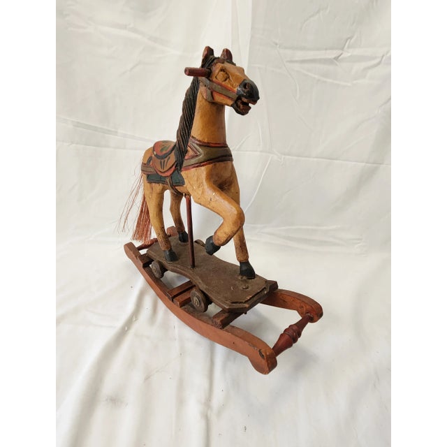 Vintage 1950's Wooden Hand Craved Carousel Rocking Horse With Horsehair Tail For Sale - Image 4 of 12
