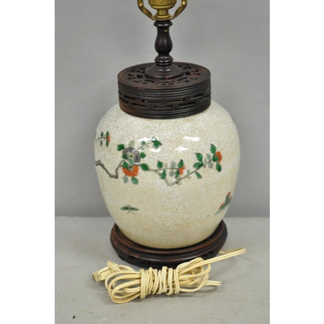 Antique Oriental Porcelain Bulbous Vase Bird Painted Table Lamp W/ Shade For Sale - Image 10 of 12