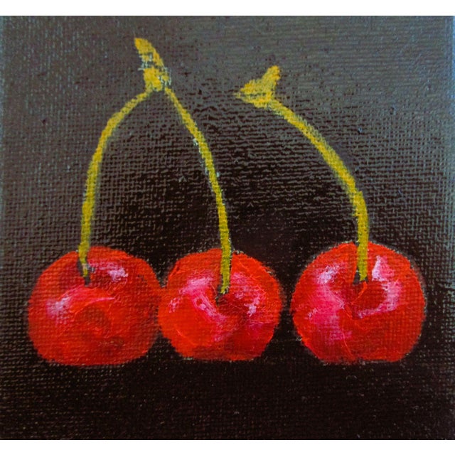 Contemporary Miniature Three Red Cherries Art 4x4 Lynne French Food Still Life O/C For Sale - Image 3 of 3