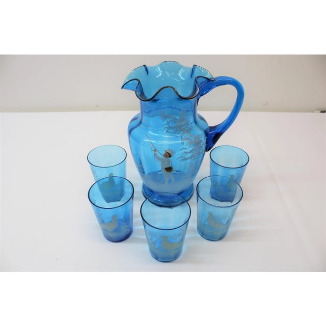 C. 20th Century Beautiful Victorian ( Mary Gregory ) blue glass pitcher w/ 5 adorable tumblers, hand painted / hand blown...