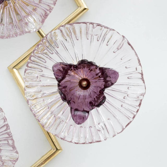 Modern Italian Murano Glass and Brass Flowers Wall Lamps, 1990, Set of 2 For Sale - Image 4 of 9