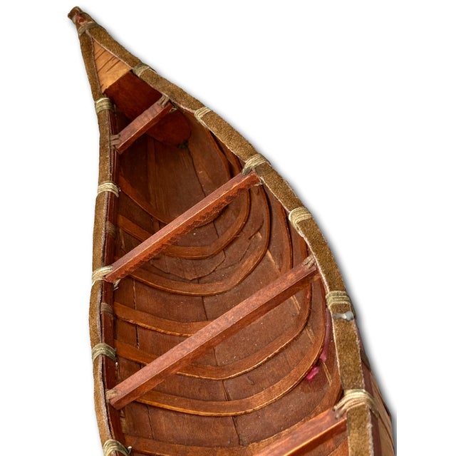 Vintage Very Nicely Completely Hand Made Northeastern Maine Indian Style Birch Bark Canoe Model - Replica - 23 Inches Long For Sale - Image 9 of 18