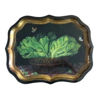 1990s Metal Tray by Ian Logan, Trompe l'Oeil Design of Lettuce and Butterflies For Sale