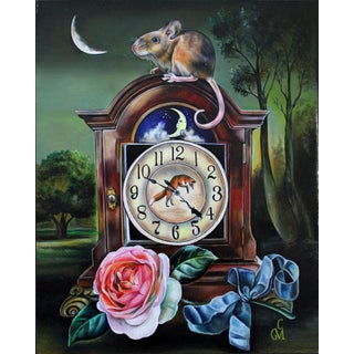 Timeless Dreamer by Claudia Griesbach-Martucci | Oil on Artefex Mouse on a clock with a rose and ribbon. For Sale