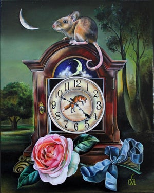 Timeless Dreamer by Claudia Griesbach-Martucci | Oil on Artefex Mouse on a clock with a rose and ribbon.