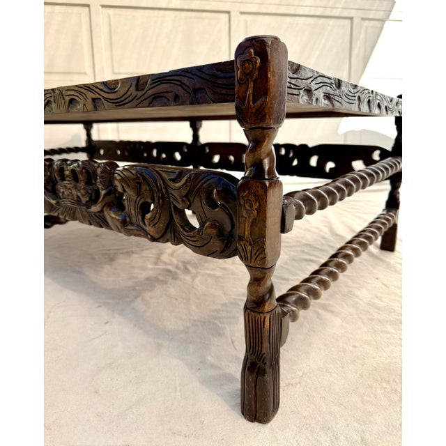 English Carolean Revival Style Carved Wood Coffee Table With Cherubs & Crown Motif For Sale - Image 12 of 15