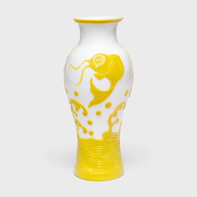 Glass Chinese Pair of Citron to White Peking Glass Vases With Leaping Koi, C. 1930 For Sale - Image 7 of 10