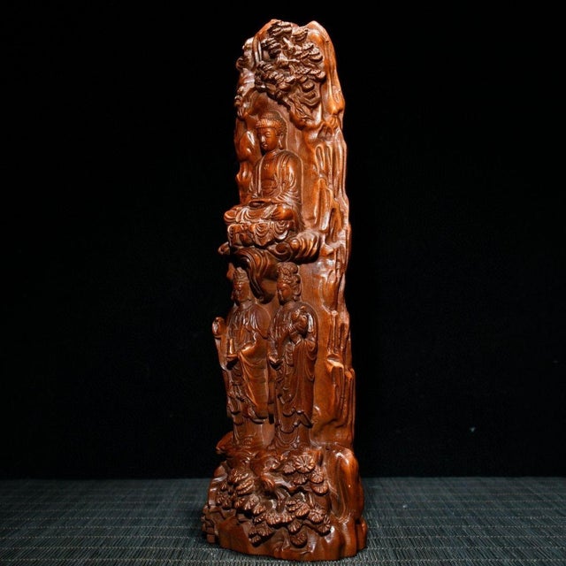Chinese Vintage Chinese Boxwood Carving of the Buddhist Triad (Western Paradise) For Sale - Image 3 of 9
