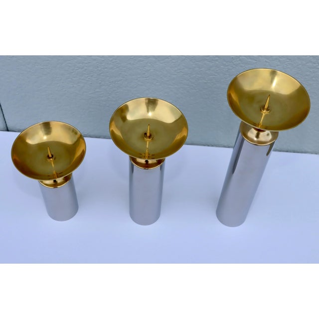1980's Brass And Chrome Karl Springer Style Candle Holders - Set of 3 For Sale - Image 9 of 12