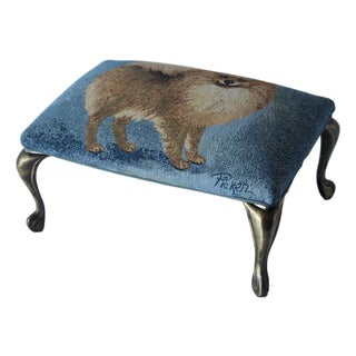 Vintage Pomeranian Tapestry Upholstered Cast Brass Cabriole Legs Footstool For Sale