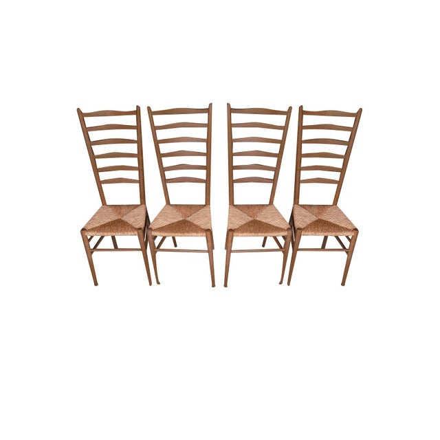 Exceptional set of four tall ladder-back dining side chairs in the style of Gio Ponti, Italy, c. 1950s. Each chair...