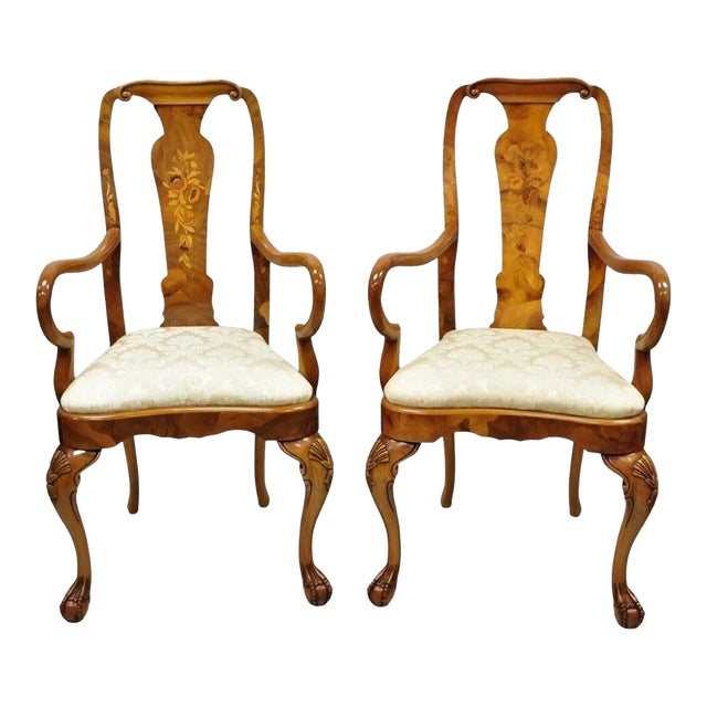 Vintage Queen Anne Style Italian Burl Wood Marquetry Inlay Arm Chairs - A Pair For Sale