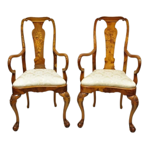 Vintage Queen Anne Style Italian Burl Wood Marquetry Inlay Arm Chairs - A Pair