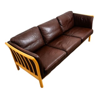 1960s Mid Century Danish Modern Sofa Couch 3 Seater Stouby Worn Leather Brown Denmark For Sale