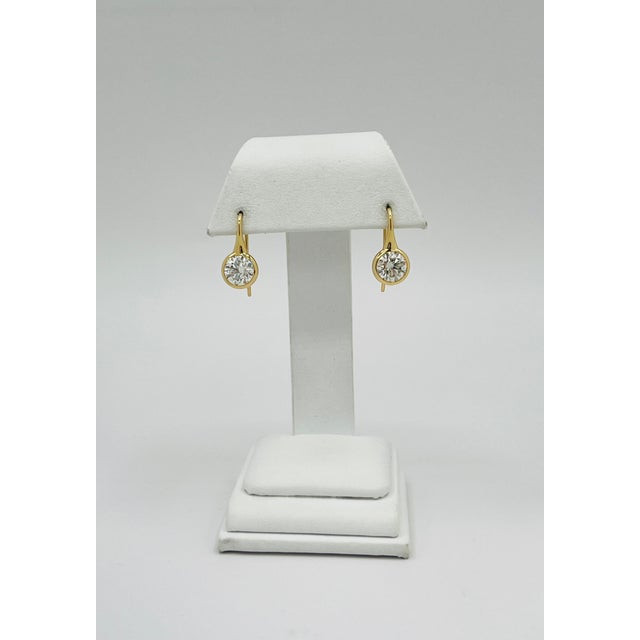 Gia 2 Carat Each White Round Diamond Dangle Bezel Earrings in 18k Yellow Gold, A Pair For Sale - Image 4 of 7