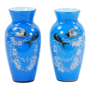 19th Century French Pair Hand Painted & Decorated Art Glass Vases
