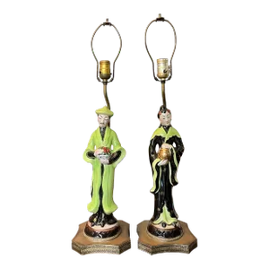 Mid Century Chinoiserie Asian Ceramic Figural Lamps