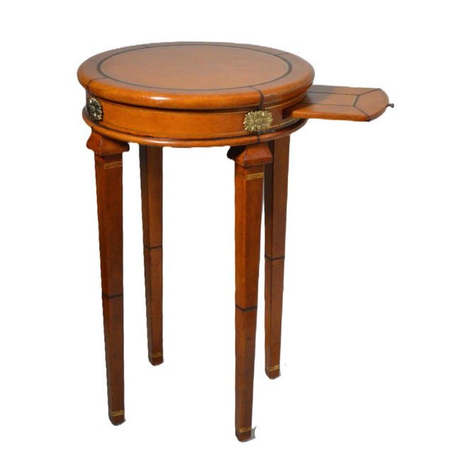 Maitland Smith Style Round Leather Wrapped Brass Gueridon Side Drink Table For Sale - Image 11 of 11