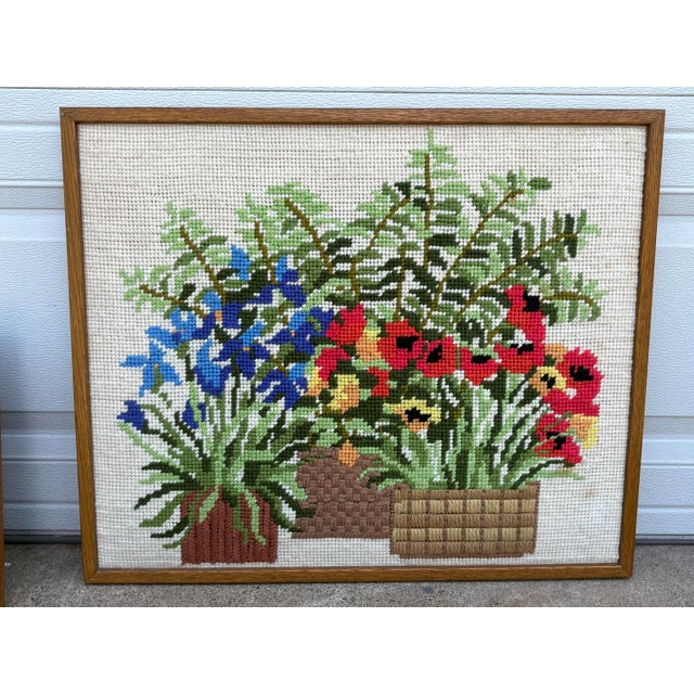 Midcentury Floral Potted Plants Needlepoint Wall Art For Sale - Image 10 of 12