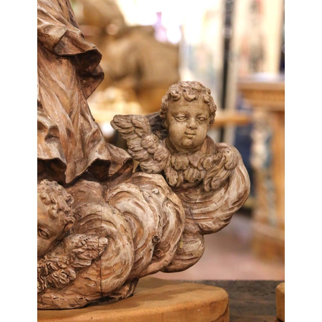 Pair 18th Century Italian Baroque Carved Painted Wood Adoring Angel Sculptures For Sale - Image 11 of 16