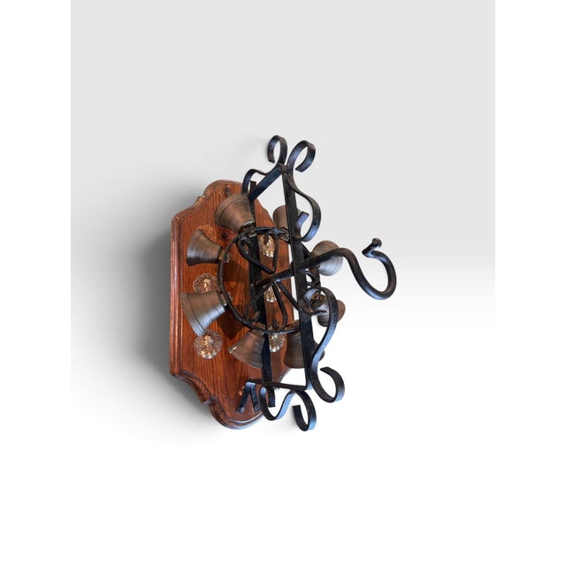 Folk Art Vintage Wrought Iron & Brass 8-Bell Mechanical Door Bell on Wood Plaque For Sale - Image 3 of 11