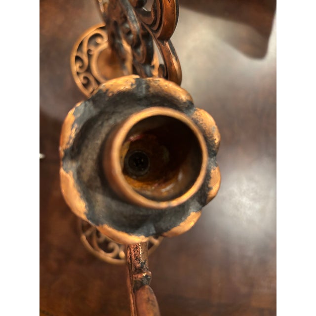 Pair of C. 1960's Copper and Cast Metal Candlesticks With Antiqued Copper Finish, European Revival Style For Sale - Image 4 of 9