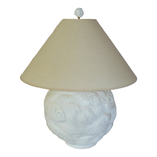 1980s Lacquered Table Lamp With Fish Original Shade For Sale