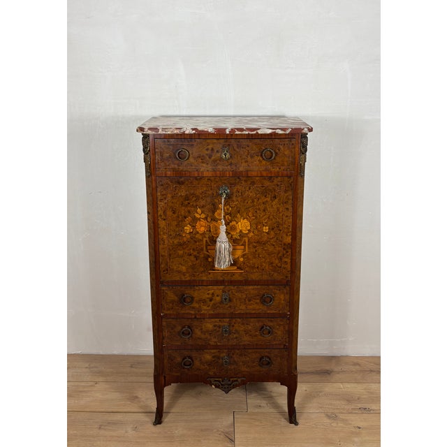 French Louis XVI Style Burl Wood Secretary Chest with Marble Top, 1930s For Sale - Image 3 of 16