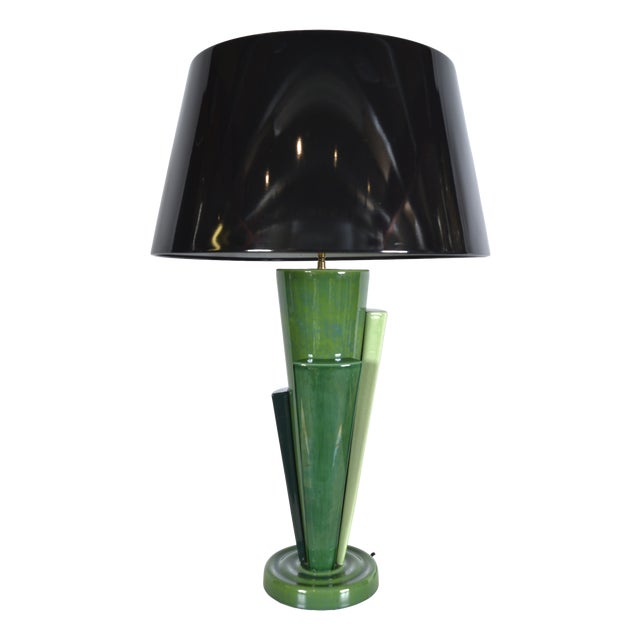 Large Postmodern Green Ceramic Table Lamp attributed to Francois Chatain, 1980s For Sale