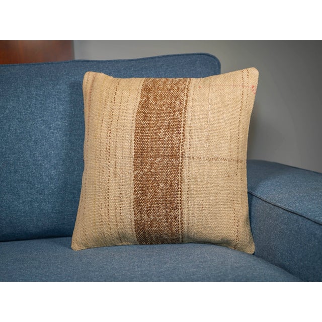 Woven Hemp Accent Pillow, Ivory Cream Bold Brown Stripe Cushion, Handwoven Turkish Pillow With Insert, 16x16 In For Sale - Image 9 of 9