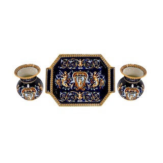 Antique Renaissance Style Tray and Vases in Gien Earthenware, Set of 3 For Sale